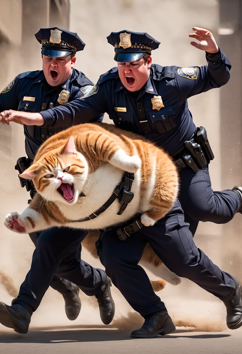 Action shot. Two cops arresting an obese cat