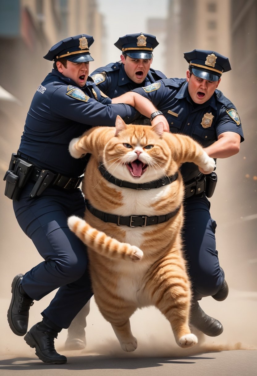 Action shot. Two cops arresting an obese cat