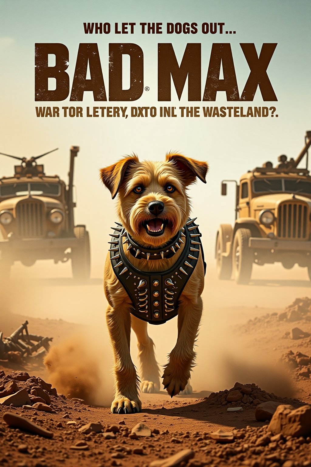 Parody movie poster for "Bad Max," featuring a tough, scruffy dog wandering through a post-apocalyptic world reminiscent of Mad Max. The dog is wearing a spiked collar and a makeshift armor vest, standing in a desert wasteland with rusted cars and skeletal structures in the background. Dust and debris swirl around as war rigs speed across the horizon, but the dog remains the central focus, looking both fierce and wild. The title "Bad Max" is written in gritty, distressed lettering, with the tagline "Who let the dogs out... into the wasteland?" The overall vibe is rugged and chaotic, blending the Mad Max aesthetic with a humorous, canine twist.