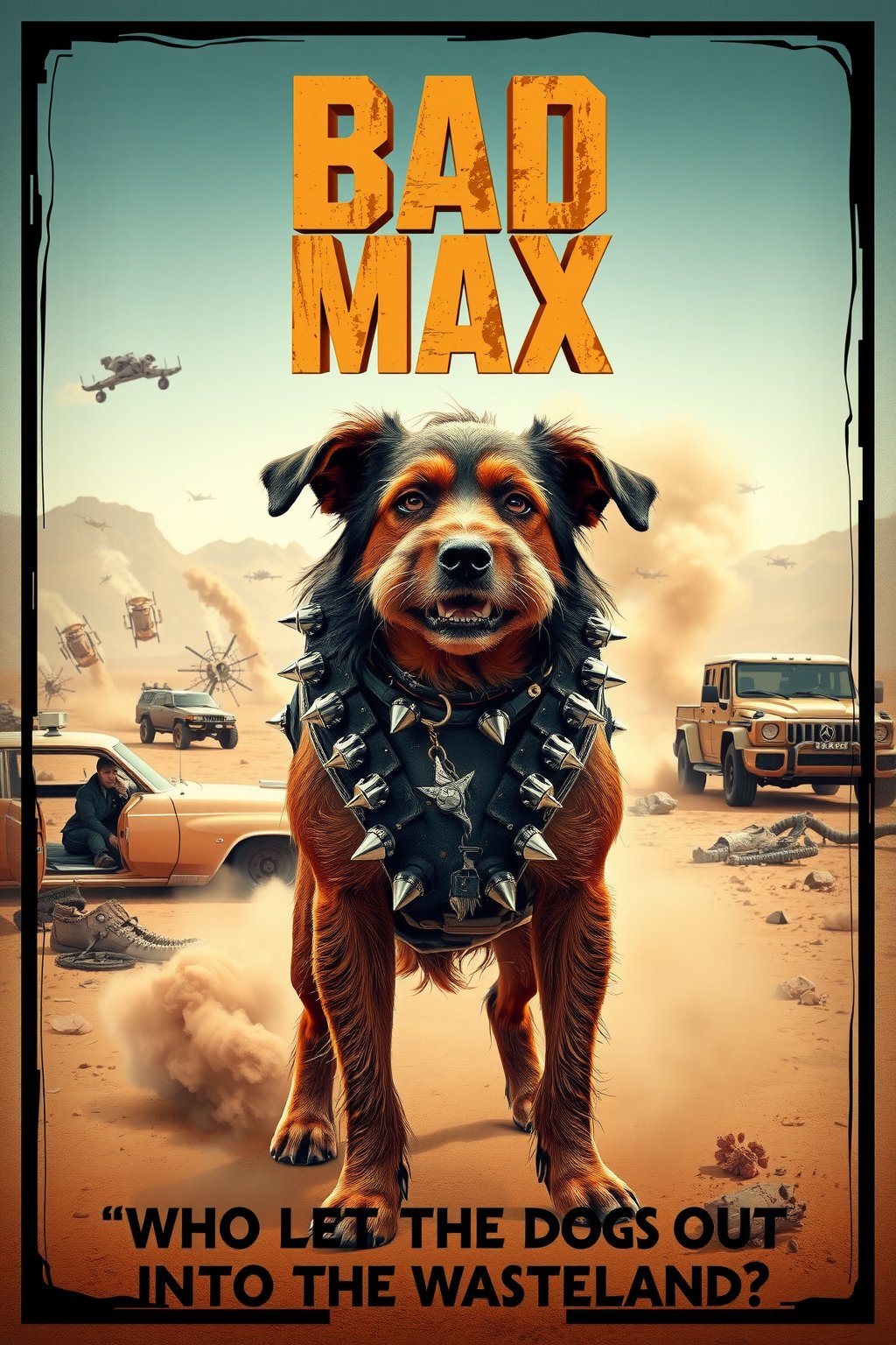 Parody movie poster for "Bad Max," featuring a tough, scruffy dog wandering through a post-apocalyptic world reminiscent of Mad Max. The dog is wearing a spiked collar and a makeshift armor vest, standing in a desert wasteland with rusted cars and skeletal structures in the background. Dust and debris swirl around as war rigs speed across the horizon, but the dog remains the central focus, looking both fierce and wild. The title "Bad Max" is written in gritty, distressed lettering, with the tagline "Who let the dogs out... into the wasteland?" The overall vibe is rugged and chaotic, blending the Mad Max aesthetic with a humorous, canine twist.