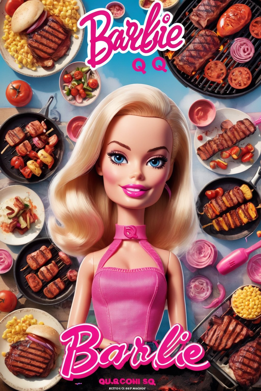 Movie poster page "Barbie Q" starring Margot Robbie and BBQ. text logo "Barbie Q" 
