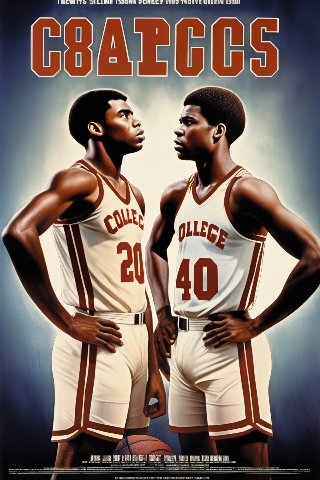 Movie Poster - sports movie poster of two black college basketball players facing each other, one 20 years old and the other 40 years old