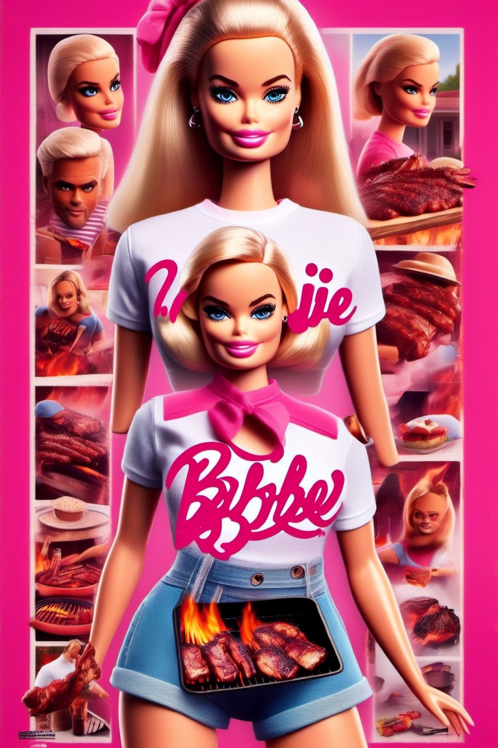 Movie poster page "Barbie Q" starring Margot Robbie and BBQ. T-shirt with text logo "Q" 
