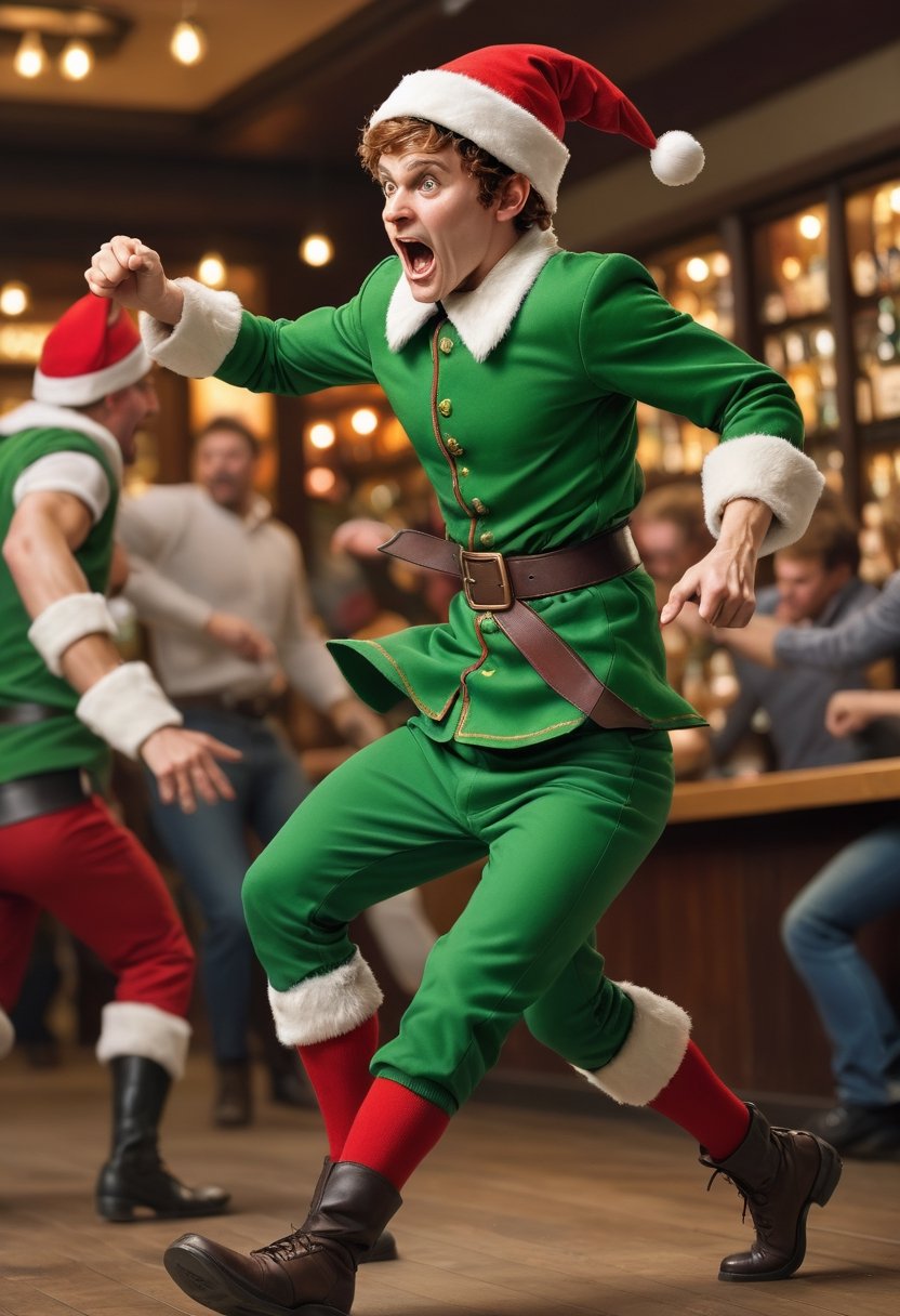 a realistic christmas elf wearing green clothes in a bar fight, wearing a red christmas cap