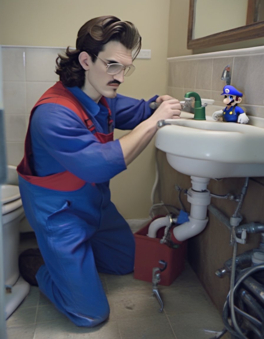 H4ck3rm4n Hackerman, dressed as Super Mario, working as a plumber fixing leaky faucet