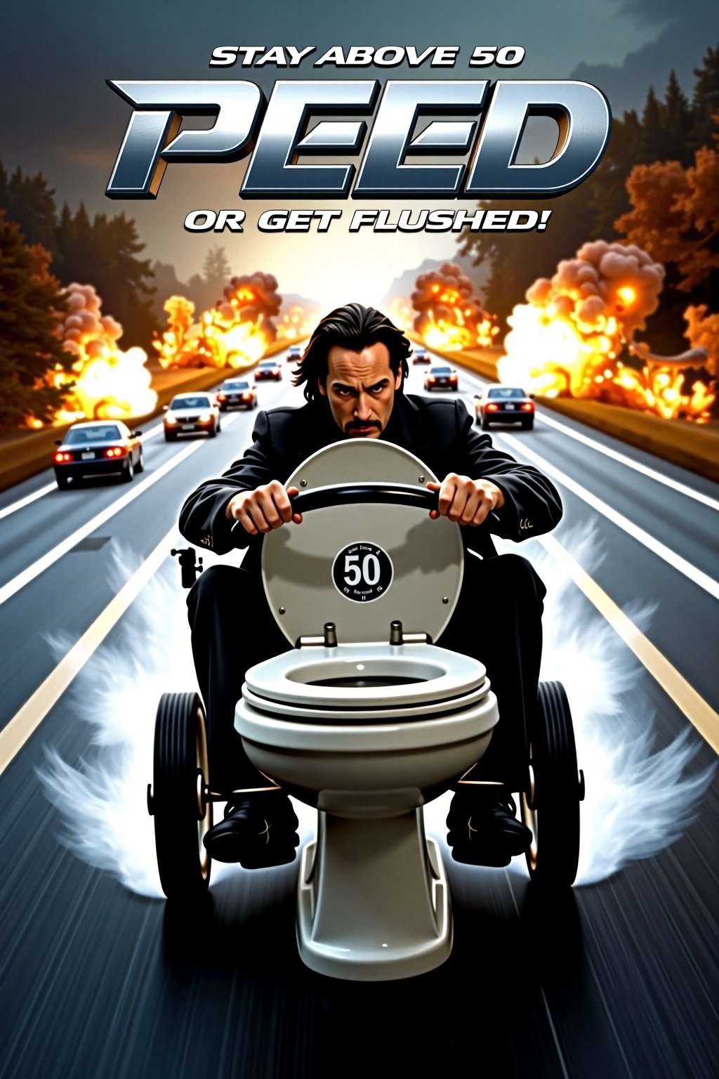 A 1994 parody movie poster titled "PEED", featuring Keanu Reeves gripping the handlebars of a high-speed toilet as if it were a vehicle, speeding down a chaotic highway. His face is tense, echoing the intense expression from Speed. The toilet is outfitted with racing wheels and a control panel, adding to the absurdity. In the background, explosions and cars veer off the road, heightening the action-packed feel. The tagline reads: "Stay Above 50 or Get Flushed!" in bold, dramatic font, with the title "PEED" humorously styled in metallic letters across the top.