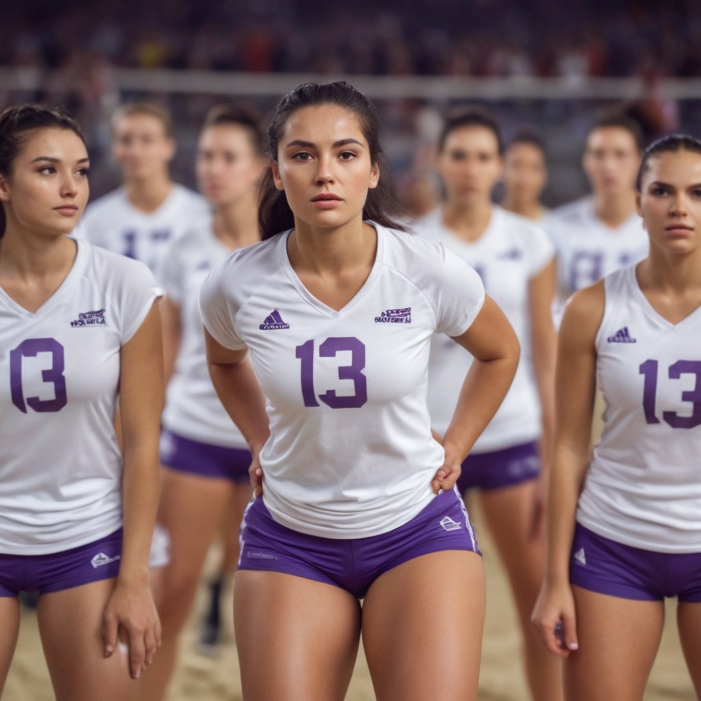 A high-angle shot captures the captivating moment as the woman stands out from the blurred volleyball players behind her. She wears a white t-shirt with bold purple '13' letters on the front, paired with a sleek braid and flexed arms. Her shorts highlight toned legs and curves. In the left frame, another woman mirrors her pose, while in the right frame, a third woman matches the identical athletic attire and confident stance.