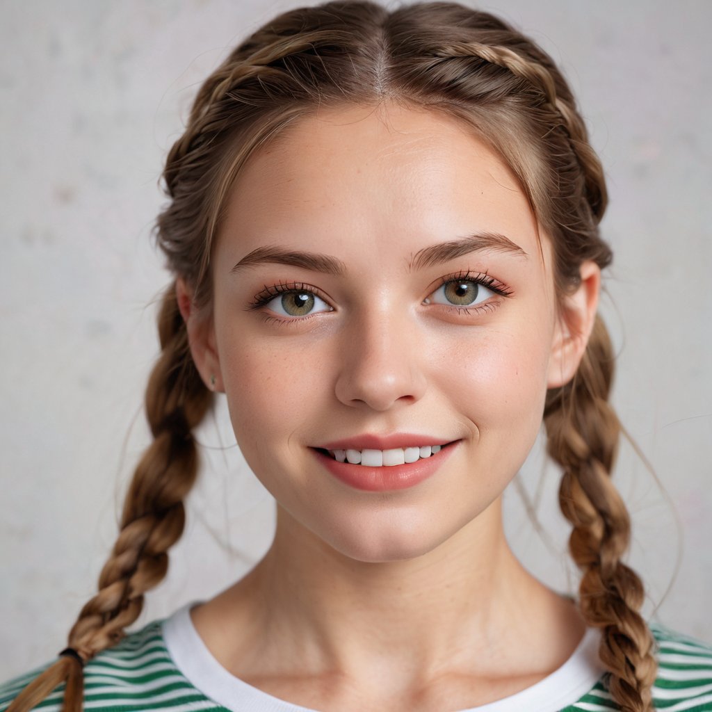 in a medium, eye-level shot, a fair-skinned young girl with long blonde hair and green eyes is captured in a close-up portrait against a stark white backdrop. she's dressed in a white and red striped t-shirt, which features a round neckline and short sleeves. her hair is braided into two pigtails, each ending in a braid. her eyes are wide open, and she's smiling slightly. her mouth is slightly ajar, revealing a hint of teeth. her skin is fair and lightly tanned, and her hair is a soft, light brown. her gaze is directed at the viewer, and she's looking directly into the camera.