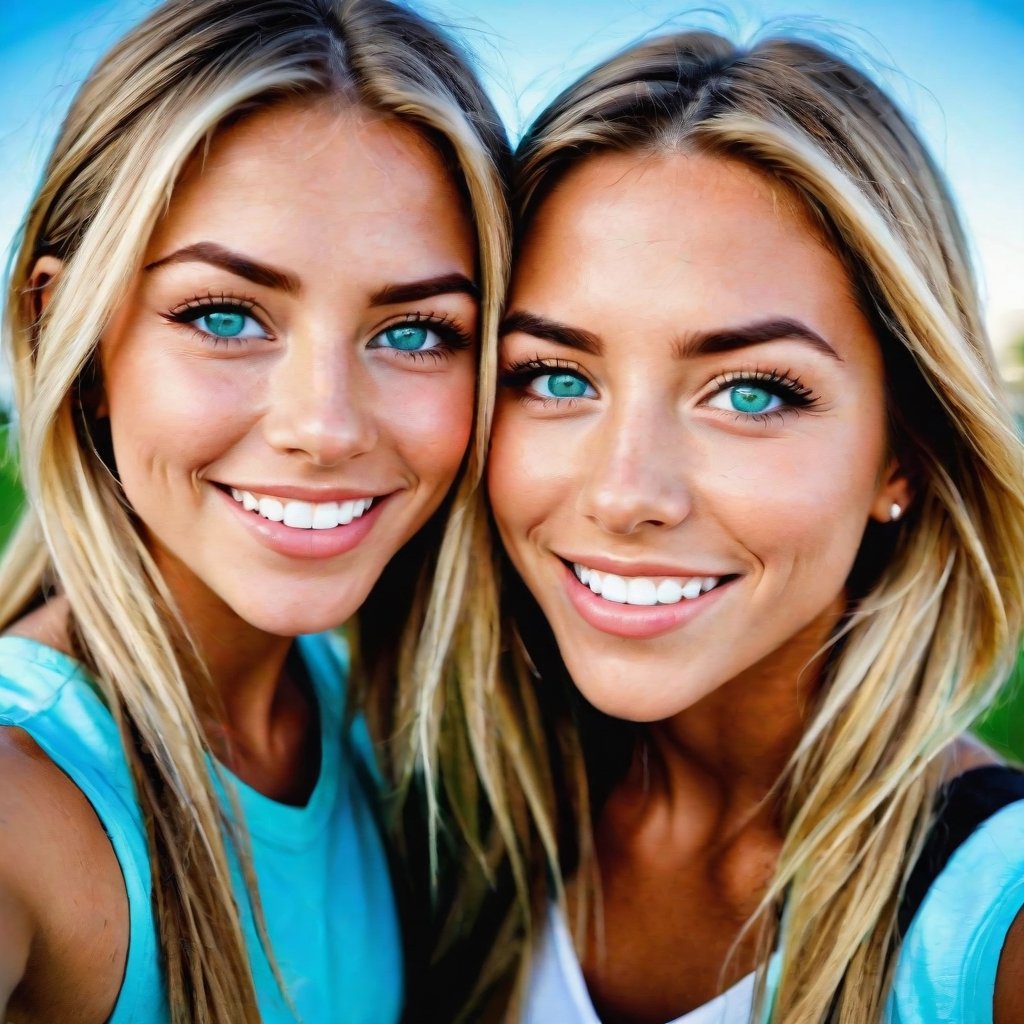 'a couple of women standing next to each other, sexy girl with green eyes, in love selfie, sky blue eyes, high school, tongue, palm springs, long eyelashes, isabella, lacrosse player, loving embrace, f/15, her friend, aniston, highlights, friendly, with a white, mutud colors, black circle, kids, front page