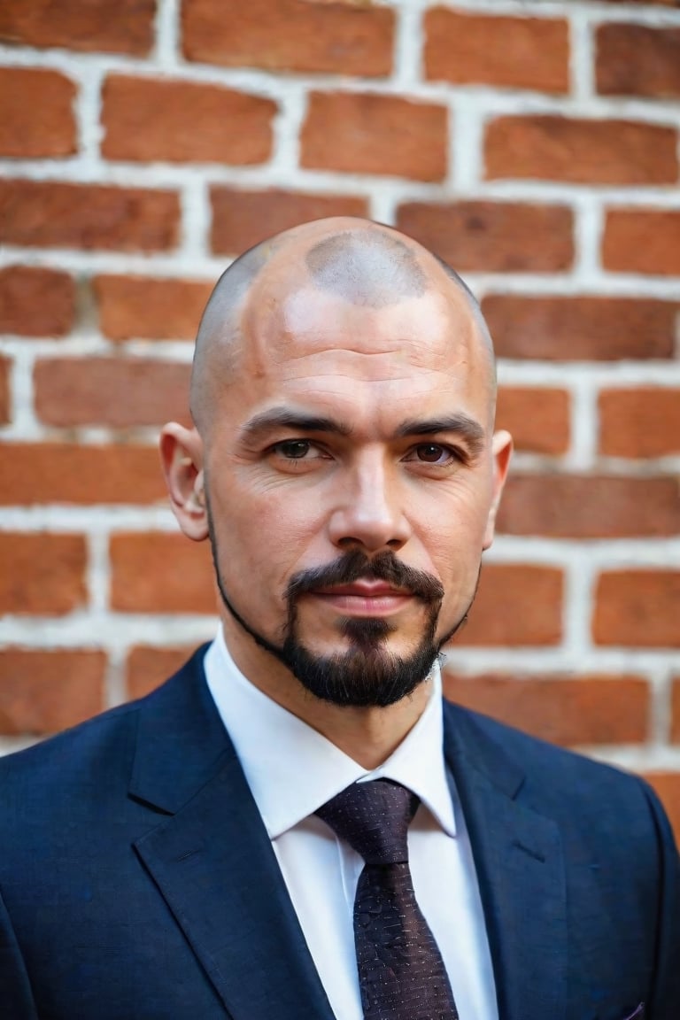 a man in a suit and tie standing in front of a brick wall, a portrait, shaved head and goatee,  by László Balogh, renaissance, professional profile picture, professional closeup photo, igor berezovsky, simon holmedal