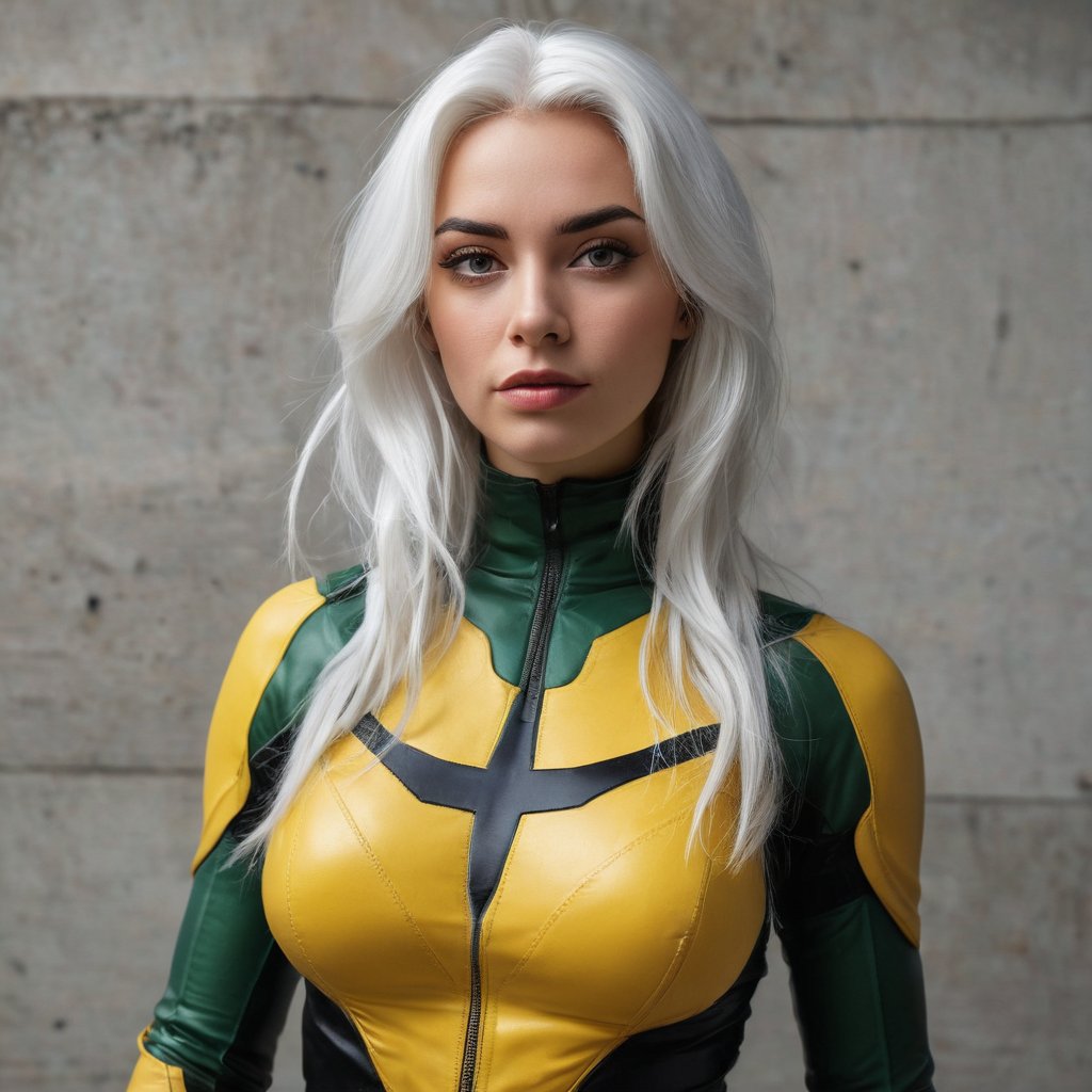 The image is a portrait of a woman dressed up as a superhero. She is wearing a yellow and green suit with a black belt and yellow gloves. The suit has a unique design with a cross on the chest and a black jacket with a hood. The woman has long white hair and is posing with one hand on her hip and the other resting on her thigh. She has a serious expression on her face and is looking directly at the camera. The background is a concrete wall with a window on the right side. The overall mood of the image is dramatic and powerful
