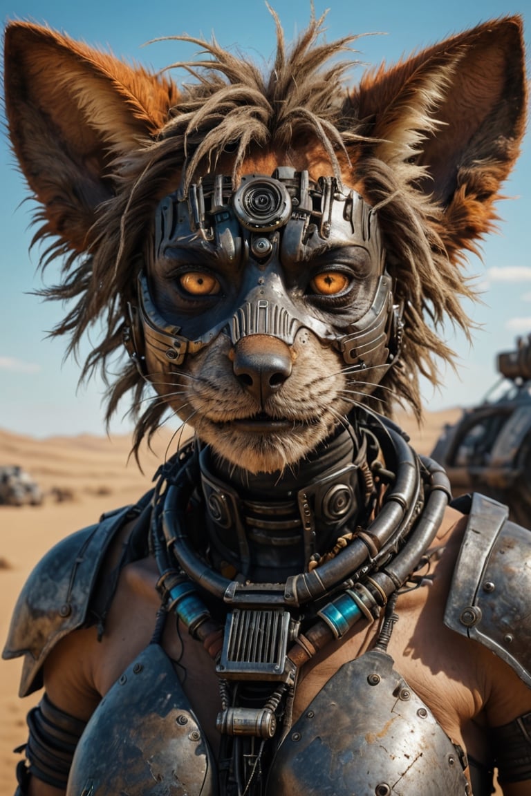 Mad Max furries and cyborg. intricate abstract, ultra intricately detailed 3D render, global illumination, by Beksinski's Ilya Prima's striped eyes with kind smile her hair, rembrandt, style from Anime series CGSociety,hyper realistic, 4k HDR, 