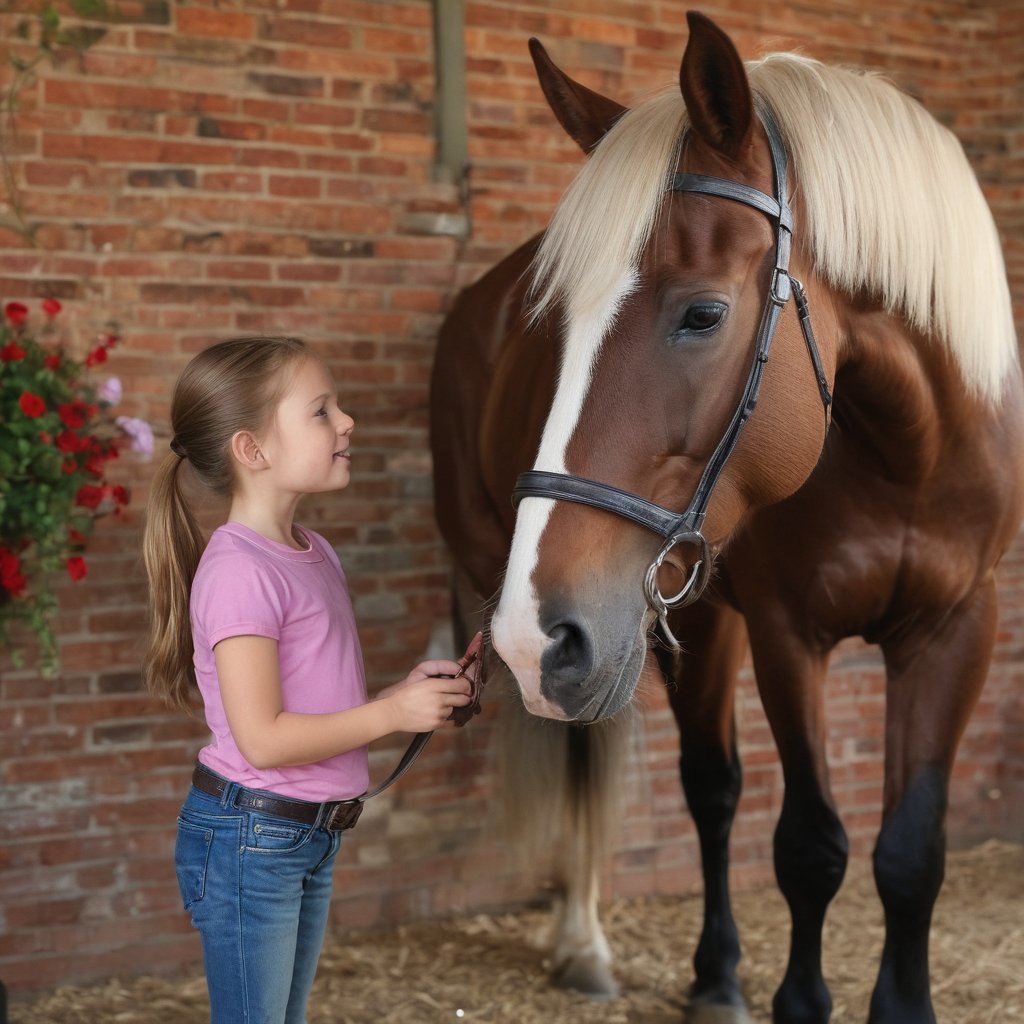 Eye-level indoors, a warm smile from the fair--skinned woman with long brown hair and pink shirt radiates towards the left side of the frame as she gazes at the camera. In the foreground, a fair-skinned child in blue jeans and black boots stands beside the light-brown horse with white mane, adorned with red halter and bridle. The child's hands gently touch the horse's nose, his left arm bent at the elbow revealing a black helmet underneath. The stable's brick walls, vines, and flowers bring nature indoors, as the woman and child share a tender moment amidst rustic charm.