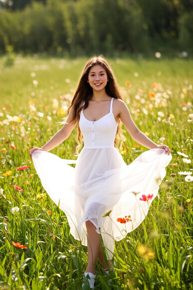 A  girl's dreamy dance in a sun-kissed meadow, surrounded by vibrant wildflowers, wears a flowing white dress, the girl is 16 years old,beaming with a bright and charming smile, as warm rays of sunlight filter through lush green blades, casting a soft glow on the serene scene, reminiscent of Renoir or Morisot's Impressionist masterpieces.,hubggirl