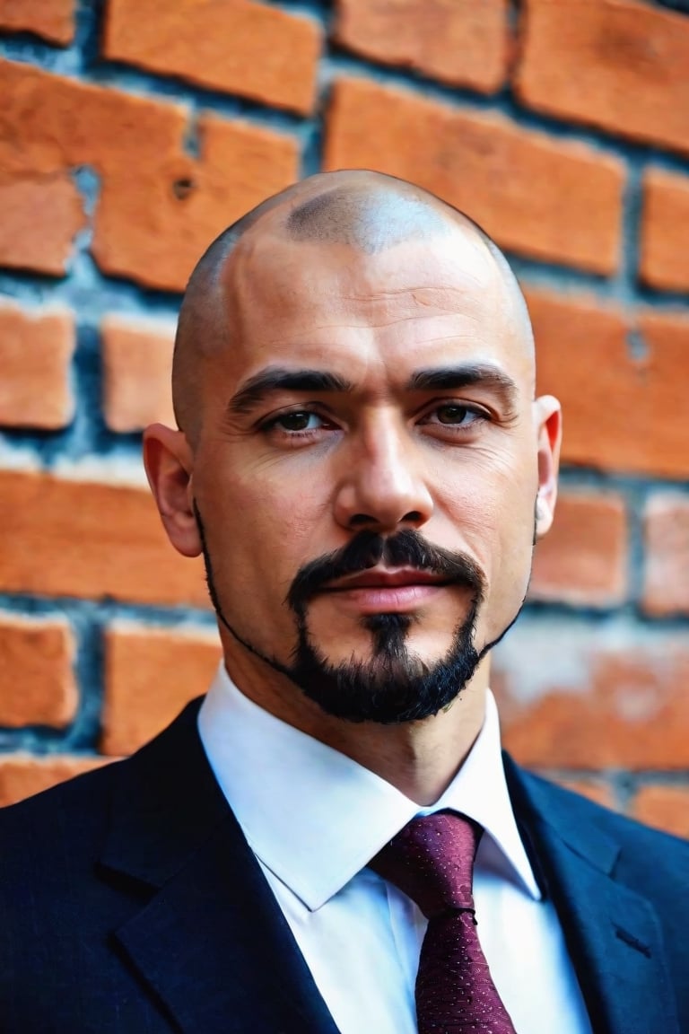 a man in a suit and tie standing in front of a brick wall, a portrait, shaved head and goatee,  by László Balogh, renaissance, professional profile picture, professional closeup photo, igor berezovsky, simon holmedal