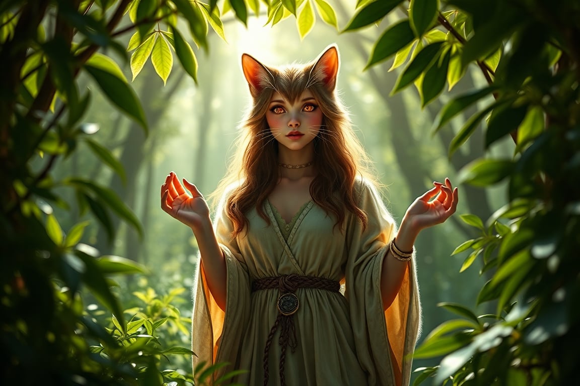 A lifelike catgirl hybrid stands amidst the serene forest's depths, her radiant aura drawing attention to her alluring presence. Framed by a canopy of lush greenery, she wears a flowing nature-inspired tunic that complements her fluffy fur, with subtle feline claws adorning her hands. Her eyes aglow with whimsy and mischief, she seems to be savoring the tranquility of her surroundings.