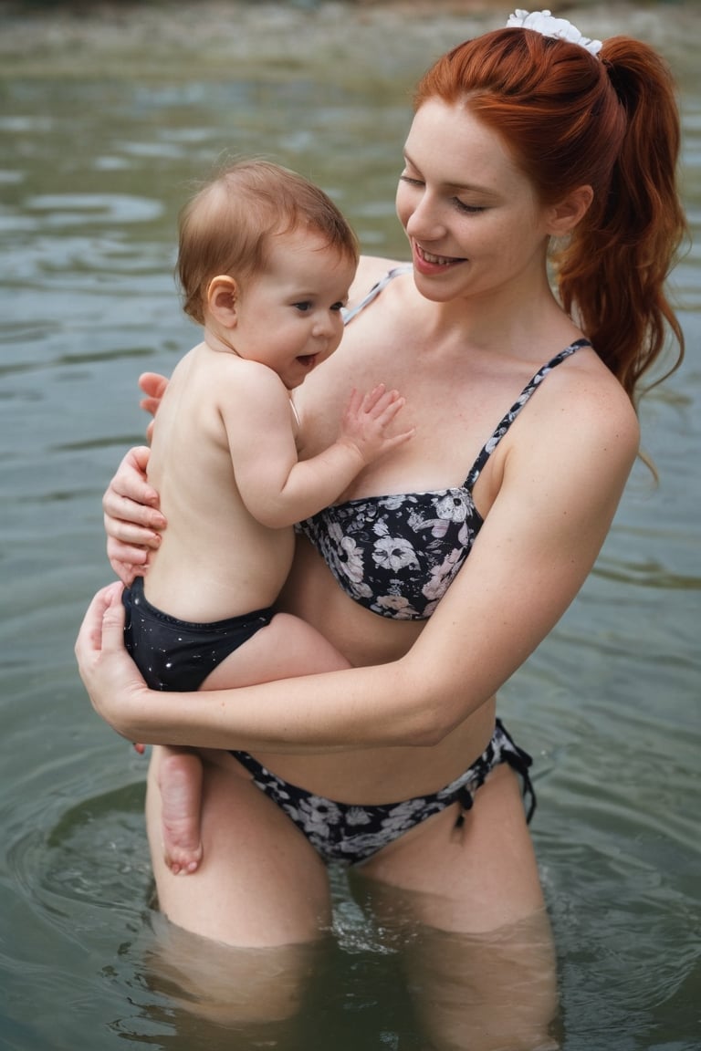 In a medium, eye-level shot, a fair-skinned woman with long, wavy red hair pulled back into a ponytail and a black bikini top featuring a white floral pattern on top and a black pattern on bottom kneels in the water, her knees bent. She holds a baby in a pink swimsuit with a white stripe down the side, who smiles up at her. The woman's hands are clasped in front of her as she gazes lovingly at the child. Water laps gently against their skin, and the baby's tiny feet splash playfully.