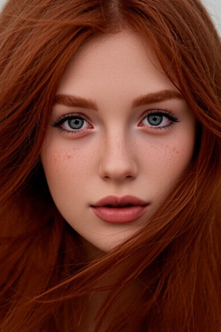 Close-up portrait of a young woman with red hair, 1400*1000, Irish genes, hair blown by the wind, marvelous eyes, freckled skin, inspired by Mary Elizabeth Price, red-toned mist, photorealistic, HDR photograph, ancient Irish atmosphere, unusually unique beauty, shot with Canon 5D Mark II, reminiscent of Tom Chambers and Jinsung Lim's photography style.