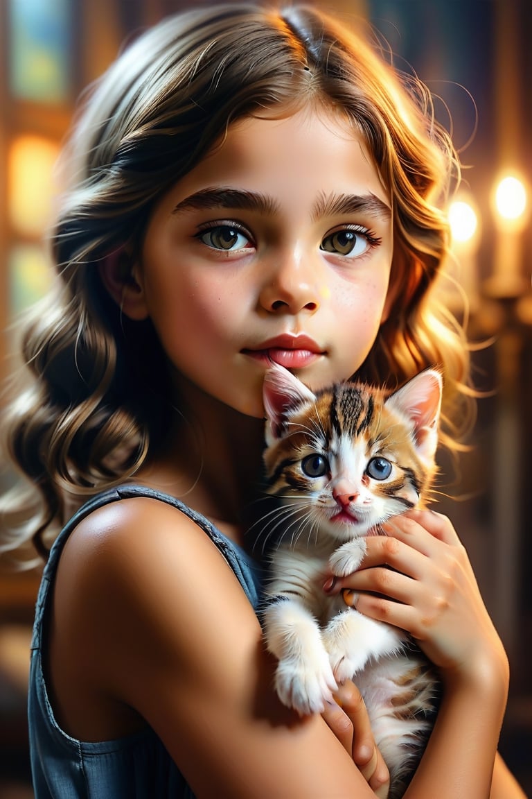 

Capturing the essence of a strong yet feminine woman, this image depicts her in a glamorous pose as she holds a playful kitten. The scene is rendered with intricate detail and stunning oil painting techniques, highlighting both the subject's beauty and the surroundings. With cinematic lighting casting a warm glow on the scene, it invokes feelings of nostalgia and comfort. The photograph features a 40mm lens at f/1.2, resulting in a sharp focus that emphasizes the connection between the little girl and her beloved kitten. This striking portrait will leave viewers captivated by its unique blend of vivid colors, 4K textures, high contrast, and hidden magical elements.,