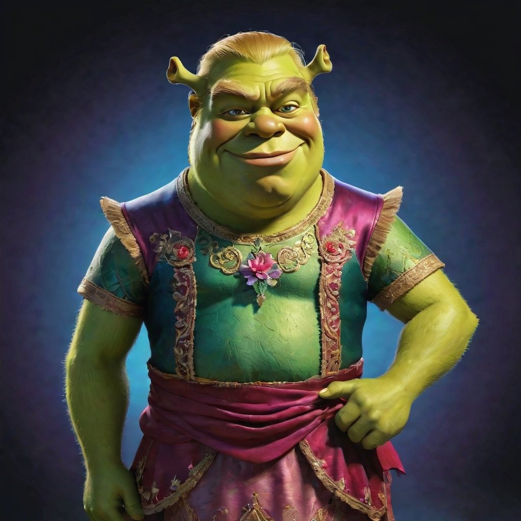  This artwork is a detailed, fantasy-based illustration featuring Trump as Shrek. The portrait depicts a miniature version of Shrek wearing a realistic skirt and blouse with a pretty face. The background showcases an iridescent glow with claws and a high fashion theme. The character design incorporates elements such as meats, corsets, embroidery, and an intricate key pose. The lighting is clean and sultry, with shadows and vivid flowers enhancing the overall visual appeal. Rich, vivid colors add depth and dimension to this concept artwork.