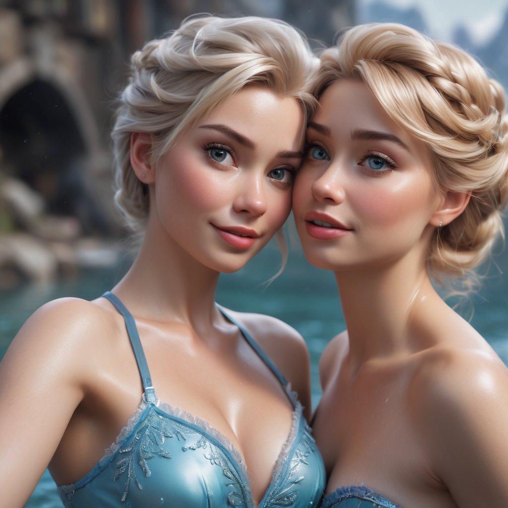 A stunning, hyper-realistic portrait of Anna and Elsa from Frozen, captured in a playful bikini selfie on Instagram. This 8K high definition image showcases incredible detail, sharp focus, and an intricate elegance that reflects the talents of artists Stanley Lau and Artgerm. The scene is set in an insanely detailed environment, with every aspect exuding style and sophistication.