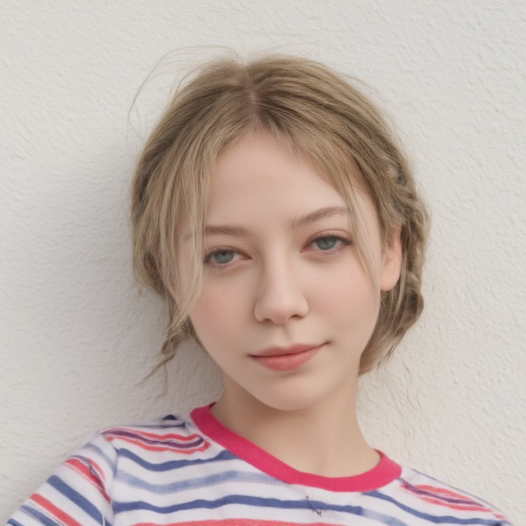 A serene portrait of a blonde-haired young woman with light skin tone, posing in front of a plain white wall. Her messy braids frame her face, and her soft green eyes are half-lidded, hinting at a subtle smile. She wears a striped T-shirt, adding a playful touch to her natural makeup look. The gentle lighting casts even shadows, emphasizing her features without harshness.
The image is a high-resolution photograph of a young girl with a light skin tone and blonde hair styled in two braids. Her hair is slightly tousled, with a few strands framing her face. She has a natural, neutral makeup look with a hint of pink on her lips and a light blush on her cheeks. Her eyes are a soft, light green, and she has a slight, closed-lip smile. She is wearing a short-sleeved T-shirt with horizontal stripes in red, white, and blue, which adds a touch of casual, playful style to her appearance. The background is a plain, light-colored wall, which keeps the focus entirely on the girl. The lighting is soft and even, casting gentle shadows and highlighting her features without harshness. The overall mood of the image is serene and youthful, capturing a moment of quiet contemplation or perhaps a candid, everyday moment.