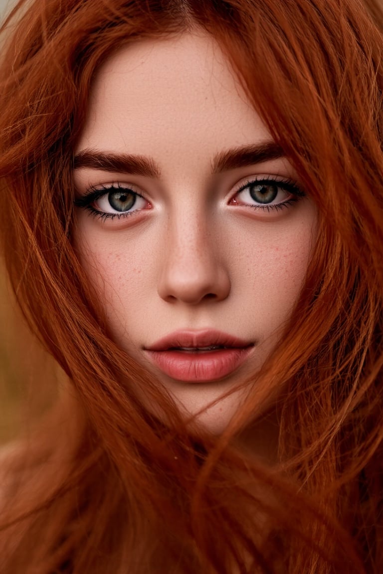 Close-up portrait of a young woman with red hair, 1400*1000, Irish genes, hair blown by the wind, marvelous eyes, freckled skin, inspired by Mary Elizabeth Price, red-toned mist, photorealistic, HDR photograph, ancient Irish atmosphere, unusually unique beauty, shot with Canon 5D Mark II, reminiscent of Tom Chambers and Jinsung Lim's photography style.