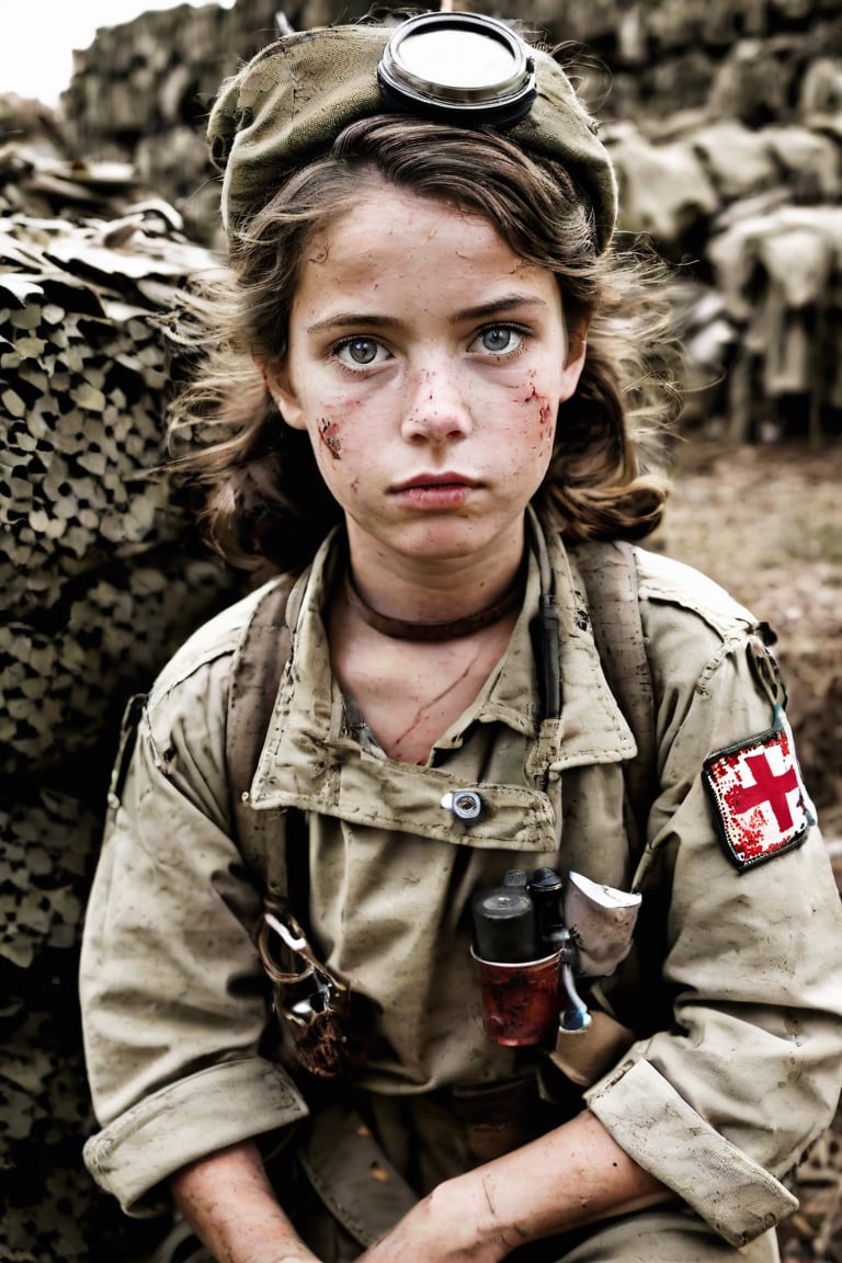 1girl, cute. A battle-hardened medic stands ready at a field station during a wartime mission, fully equipped with his med kit, bandages rolled tightly and syringes prepared. His unflinching eyes stare straight into the lens of the camera, conveying both the determination to save lives amidst the chaos of conflict and the empathy for those who have been wounded in combat. The medic's life is defined by two conflicting desires: a commitment to his fellow soldiers and a need to preserve their humanity in even the darkest times.