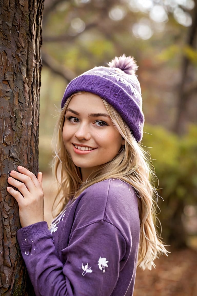  a young woman in a striking pose against a tree. Her blonde hair cascades down her shoulders, framing her face with a gentle smile. She is dressed in a purple sweater adorned with a white bird design, adding a pop of color to the scene. The gray beanie she wears complements her outfit, and her gaze is directed straight at the camera, creating a sense of connection with the viewer. The tree behind her is a sturdy brown trunk, providing a natural backdrop to this candid moment. The lighting is soft and diffused, casting a warm glow on the subject and enhancing the overall mood of the image. The image is a harmonious blend of color, emotion, and composition, capturing a moment of tranquility and beauty