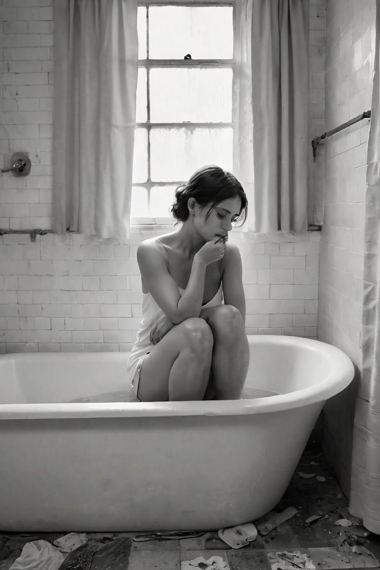 A somber black and white photograph frames a young woman's introspective moment, as she sits in a worn bathtub, her head bowed in despair, tears flowing freely down her face. The tile surround and shower curtain provide a stark contrast to the turmoil within. In the background, a tiled wall serves as a subtle reminder of the isolation. The text overlay, 'Act reproductive and keep being hard', adds a jarring layer of complexity to this poignant scene.