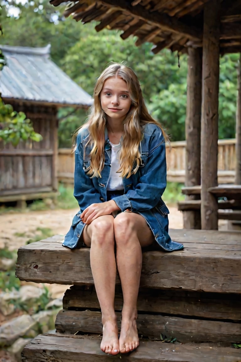  image captures a young girl with long, blonde hair, sitting on a blue ledge. She is wearing a blue jacket and a denim skirt, and her bare feet are crossed on the ledge. The girl is looking directly at the camera, and the background features a wooden structure with a thatched roof and green foliage. The lighting is moody and the image is taken with a long exposure, which gives it a dramatic effect. The overall mood of the image is serene and contemplative