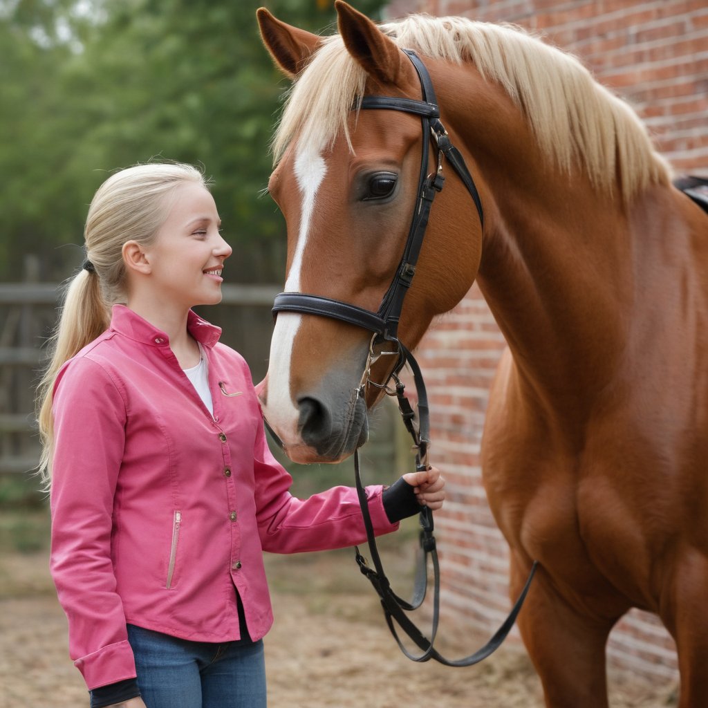 Eye-level indoors, a warm smile from the fair- skinned woman in a pink shirt greets the camera as her gaze drifts leftward, while the fair-skinned child beside her tenderly touches the light brown horse's nose. The child's red jacket and black helmet stand out against blue jeans and black boots. The horse's white mane flows down its neck, adorned with a red halter and white/red bridle. In the stable's brick enclosure, vines and flowers adorn the walls, blending nature with the rustic setting.