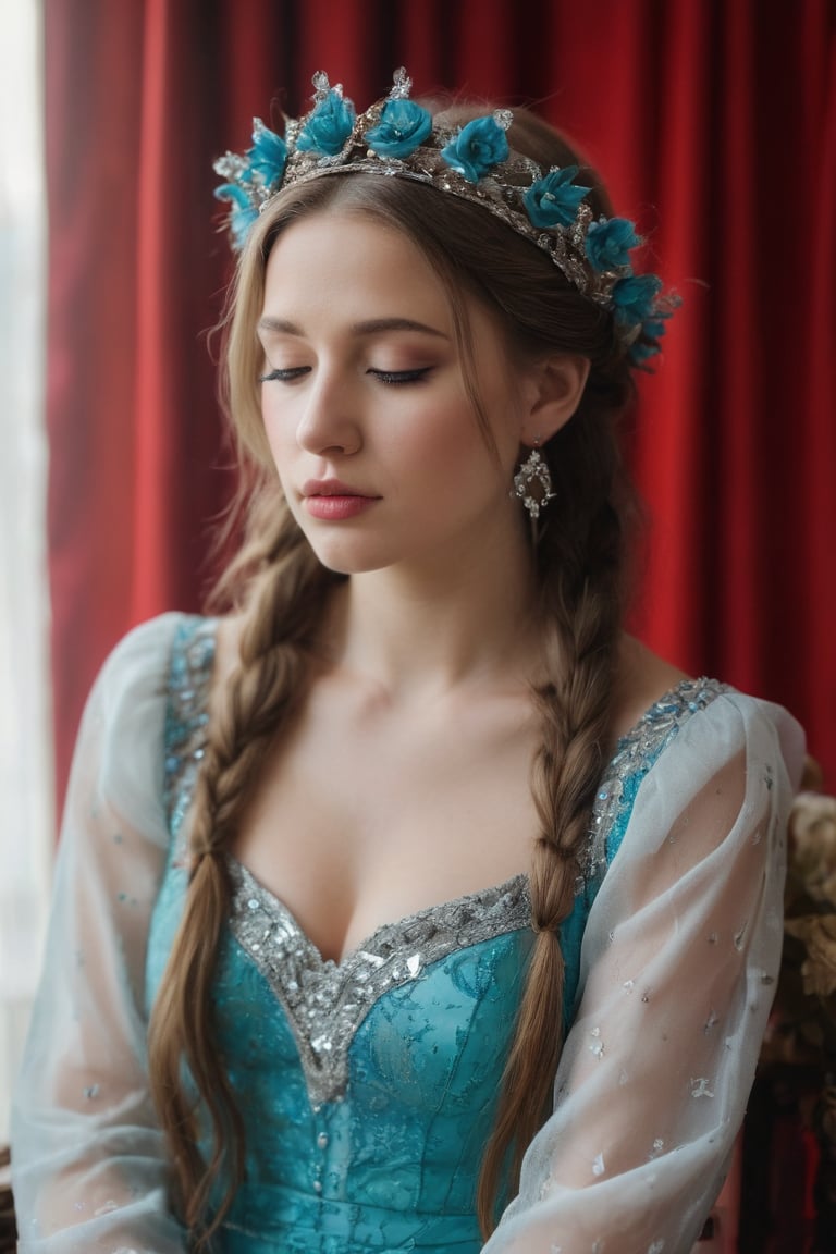 In a medium shot, a serene fair-skinned girl with long brown hair and turquoise dress adorned with silver crown and blue jewels sits in contemplation. Her eyes closed, mouth slightly agape, she wears a white long-sleeved dress with silver sequins and a large flower centerpiece. Pigtails, each ending in a braid, frame her face. The stark white backdrop provides a striking contrast to her vibrant attire, while the red curtain on the left adds a bold pop of color.