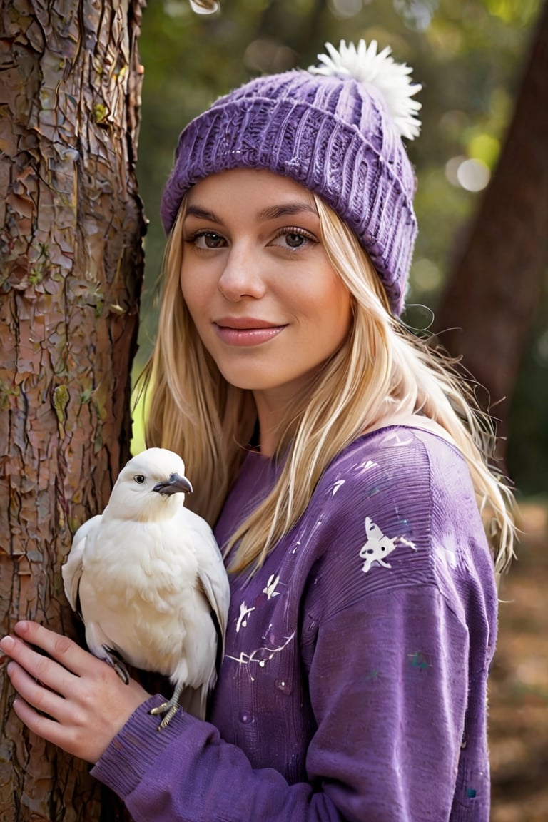  a young woman in a striking pose against a tree. Her blonde hair cascades down her shoulders, framing her face with a gentle smile. She is dressed in a purple sweater adorned with a white bird design, adding a pop of color to the scene. The gray beanie she wears complements her outfit, and her gaze is directed straight at the camera, creating a sense of connection with the viewer. The tree behind her is a sturdy brown trunk, providing a natural backdrop to this candid moment. The lighting is soft and diffused, casting a warm glow on the subject and enhancing the overall mood of the image. The image is a harmonious blend of color, emotion, and composition, capturing a moment of tranquility and beauty