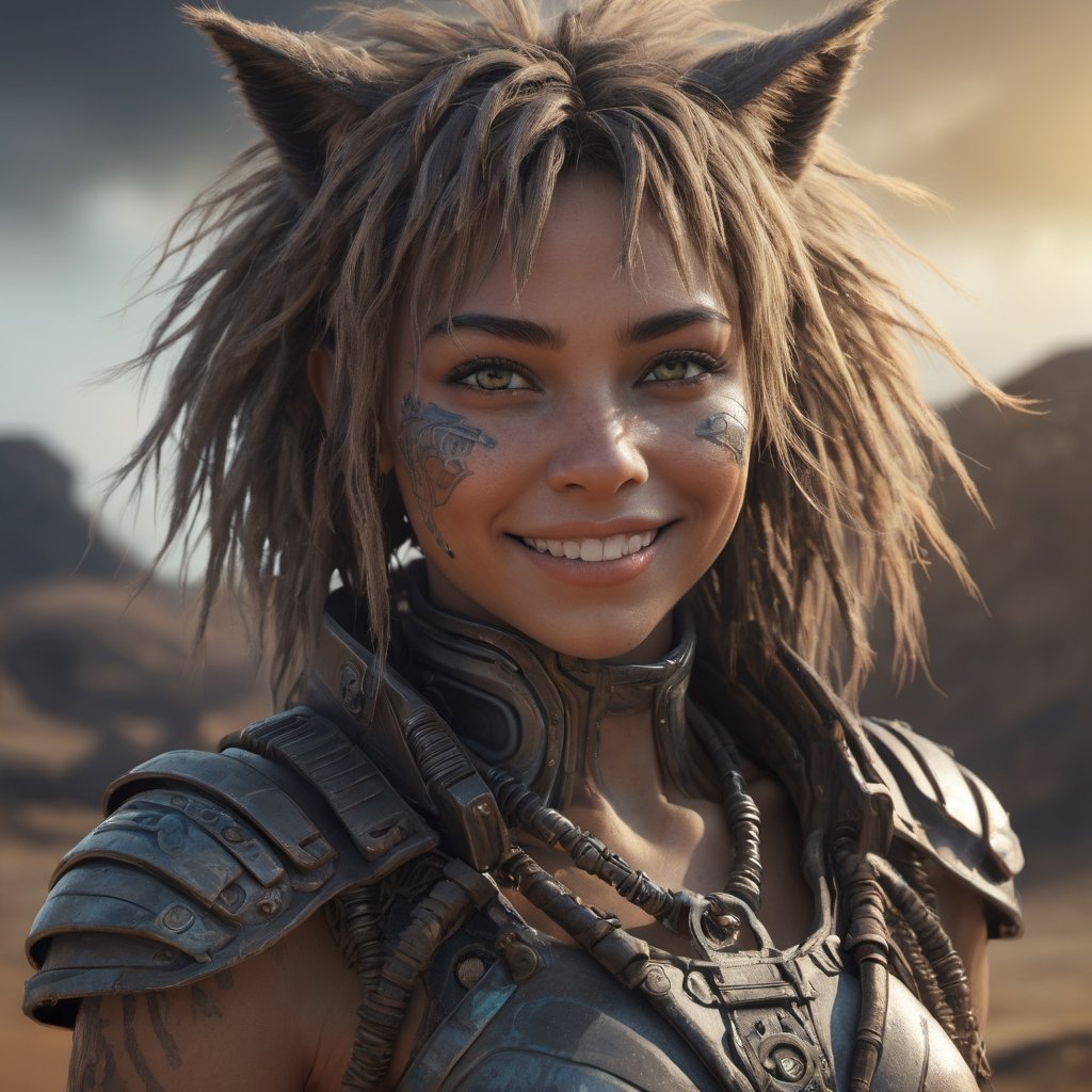 Mad Max furries and cyborg. intricate abstract, ultra intricately detailed 3D render, global illumination, by Beksinski's Ilya Prima's striped eyes with kind smile her hair, rembrandt, style from Anime series CGSociety,hyper realistic, 4k HDR, ,1girl