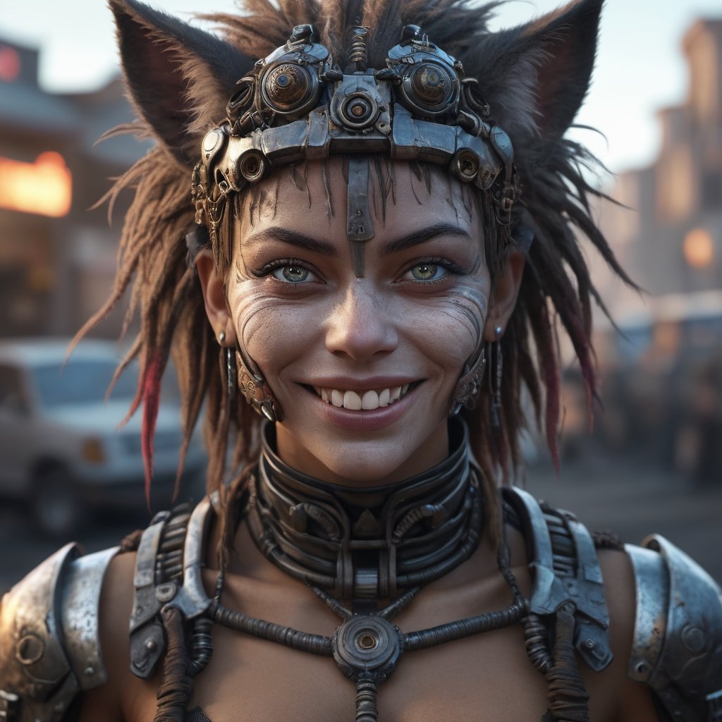 Mad Max furries and cyborg. intricate abstract, ultra intricately detailed 3D render, global illumination, by Beksinski's Ilya Prima's striped eyes with kind smile her hair, rembrandt, style from Anime series CGSociety,hyper realistic, 4k HDR, ,1girl