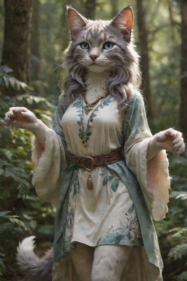 A lifelike catgirl hybrid, radiant with allure, gracefully stands amid a serene forest's depths. Her fluffy fur envelops a form adorned in a flowing nature-inspired tunic, eyes aglow with both whimsy and mischief. Subtle feline claws enhance her hands, while lush foliage and,anthro