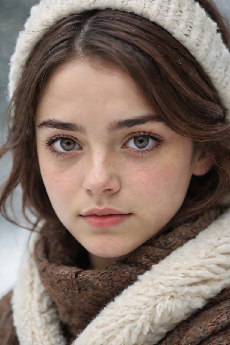 a close up of a person wearing a scarf and ear muffs, a picture, realism, fashion model, white skin color, teenager girl, portrait of arya stark, symmetric and beautiful face, with round face, girl with brown hair, fluffy''