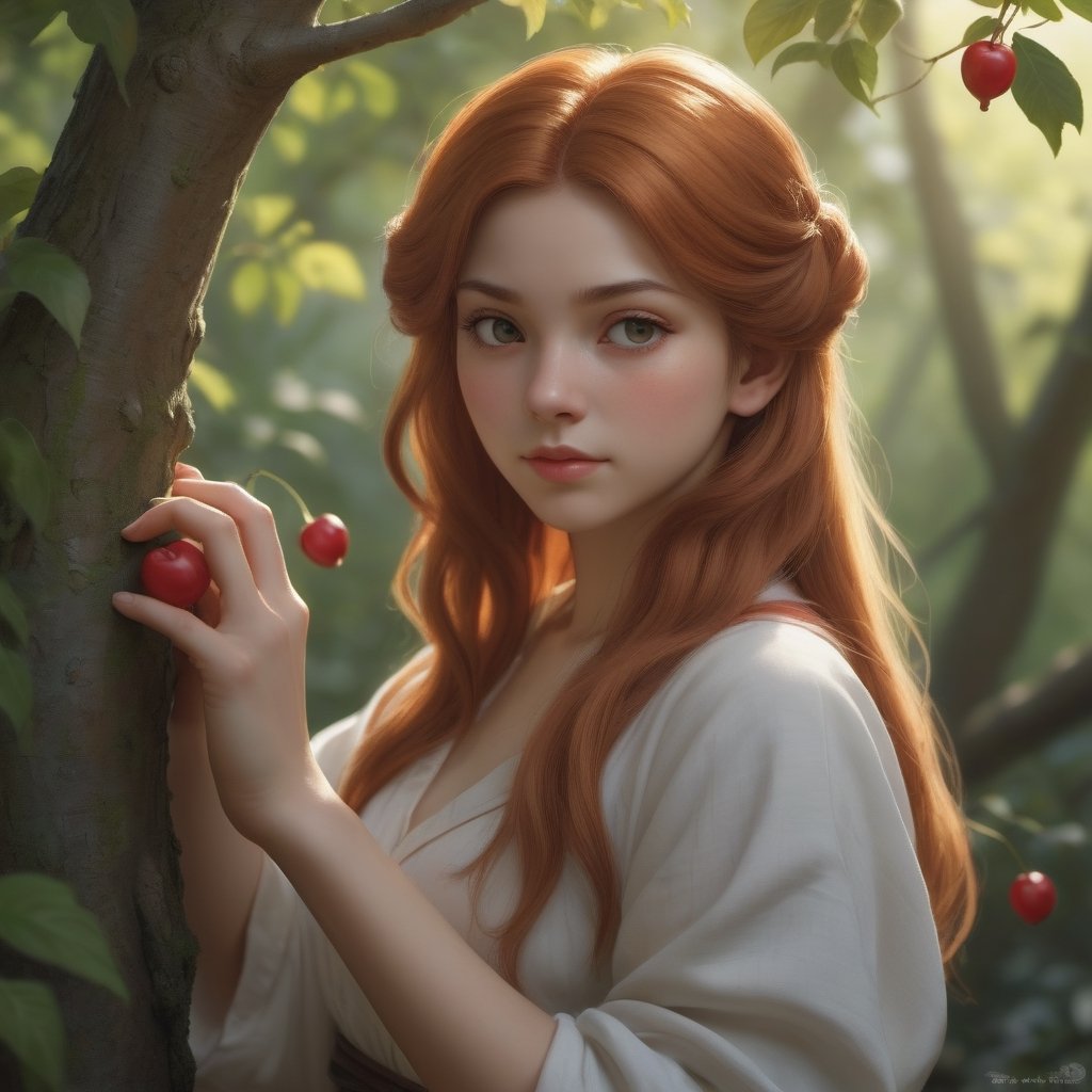  Cute girl gathering cherries on a tree, very long hair, reddish blonde, perfect body, cute face, curvy , insanely detailed art, Renoir Sorolla Degas manet, 8k resolution, lusciously drawn, soft render, ray tracing, unreal engine 5, illustration, by Beeple, WLOP, J. C. Leyendecker stalenhag, Mucha Katsuhiro Otomo by Ruan Jia and Mandy Jurgens and Artgerm and William-Adolphe Bouguereau, featured on artstation, anime style, 4k, in focus, details, hyper realistic,2d rays, cinematic composition, majestic light, 8k resolution, masterpiece, high resolution, award, epic scenery, dark fantasy environment, dnd character Scrolls squats, official studio and professional visual novel cover, fan deviantart Studio,at studio and professional video, by James wain and by Roger Dean and by Ross Tran and by Peter miyakoAnki