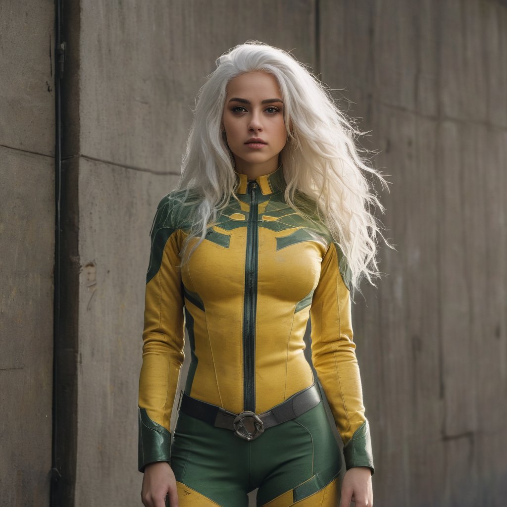 Portrait of 'Spectra,' a female superhero, standing before a gritty urban backdrop. Her yellow and green suit, adorned with a cross-shaped emblem on the chest, gleams under the dramatic lighting. Long white hair cascades down her back as she poses confidently, one hand resting on her hip and the other on her thigh. Her intense gaze meets the camera's, conveying a sense of strength and authority. The concrete wall, punctuated by a window on the right, serves as a striking contrast to Spectra's bold figure.