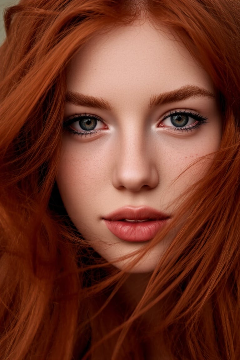 Close-up portrait of a young woman with red hair, 1400*1000, Irish genes, hair blown by the wind, marvelous eyes, freckled skin, inspired by Mary Elizabeth Price, red-toned mist, photorealistic, HDR photograph, ancient Irish atmosphere, unusually unique beauty, shot with Canon 5D Mark II, reminiscent of Tom Chambers and Jinsung Lim's photography style.