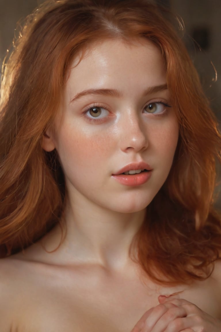 A tenderly lit close-up captures the endearing features of a young girl with fiery red locks, her bright gaze sparkling beneath an ethereal soft glow. Antoni Pitxot's artistic hand guides us through a dreamy atmosphere, as this photobashed portrait presents a winsome subject, bathed in a fuzzy radiance that accentuates her sweet innocence.