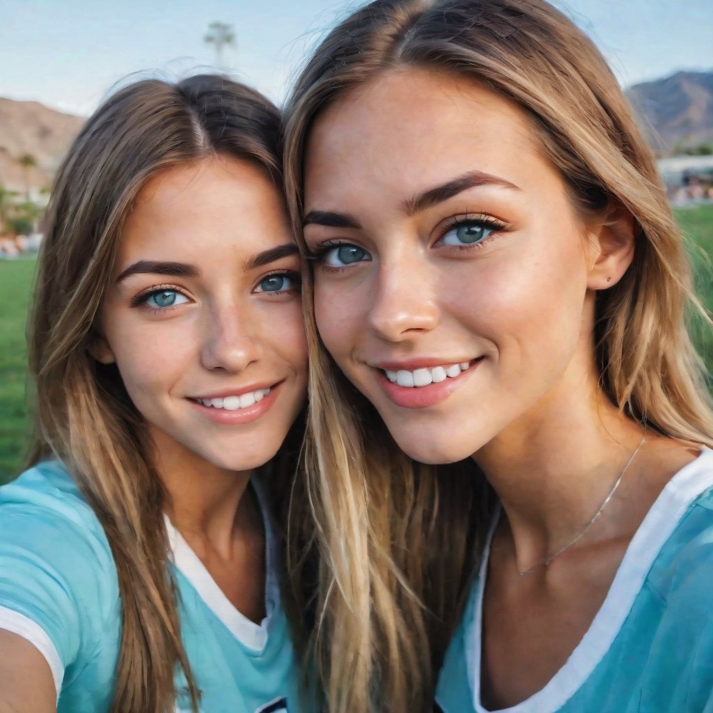 'a couple of women standing next to each other, sexy girl with green eyes, in love selfie, sky blue eyes, high school, tongue, palm springs, long eyelashes, isabella, lacrosse player, loving embrace, f/15, her friend, aniston, highlights, friendly, with a white, mutud colors, black circle, kids, front page