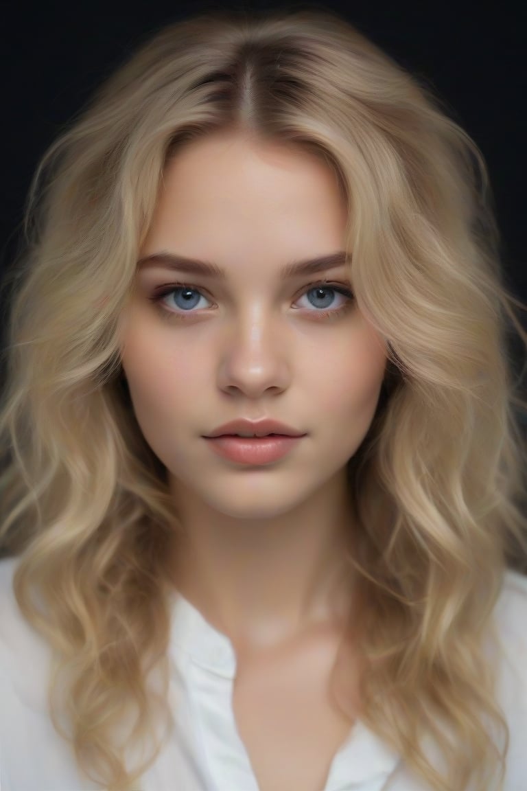 The image is a portrait of a young girl with long blonde hair. She is looking directly at the camera with a serious expression on her face. Her hair is styled in loose waves and falls over her shoulders. She has a slight smile on her lips and her eyes are a piercing blue. The background is black, making the girl the focal point of the image. She appears to be wearing a white blouse with a ruffled neckline. The lighting is soft and natural, highlighting her features,Supersex