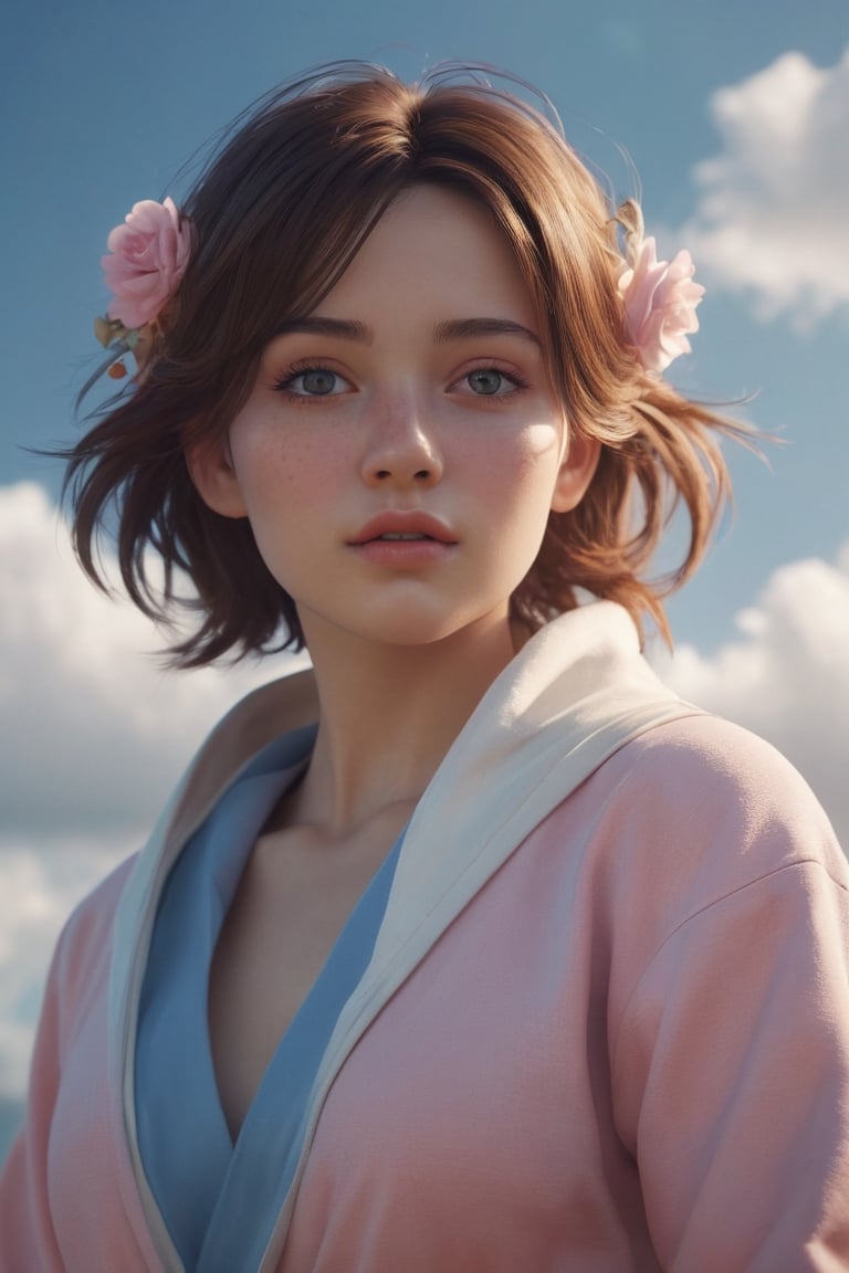 Beautiful young woman with a seductive voice for an AI assistant has led to broken hearts everywhere. She is depicted in 3D B&F style using the Octane render engine at 4K resolution and a focal length of 35mm film still, featuring details onblett's face which appears blue due to her rose color palette being edited from ediwork.ie artHarpifiade by Katsuhiro Otomo final fantasy marxiv rabbit love anime gorgeous camera tiny cozy livingcalf robes amber and gold colors water Octane render of nature on space clouds flying over us