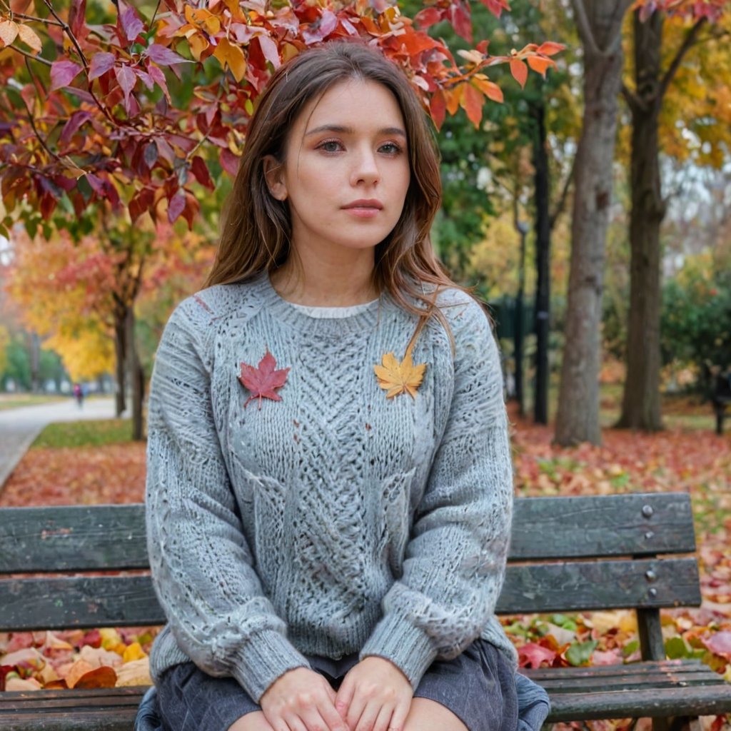 Beautiful woman, contemplative and reflective, sitting on a bench, cozy sweater, autumn park with colorful leaves, soft overcast light, muted color photography style, 4K quality.