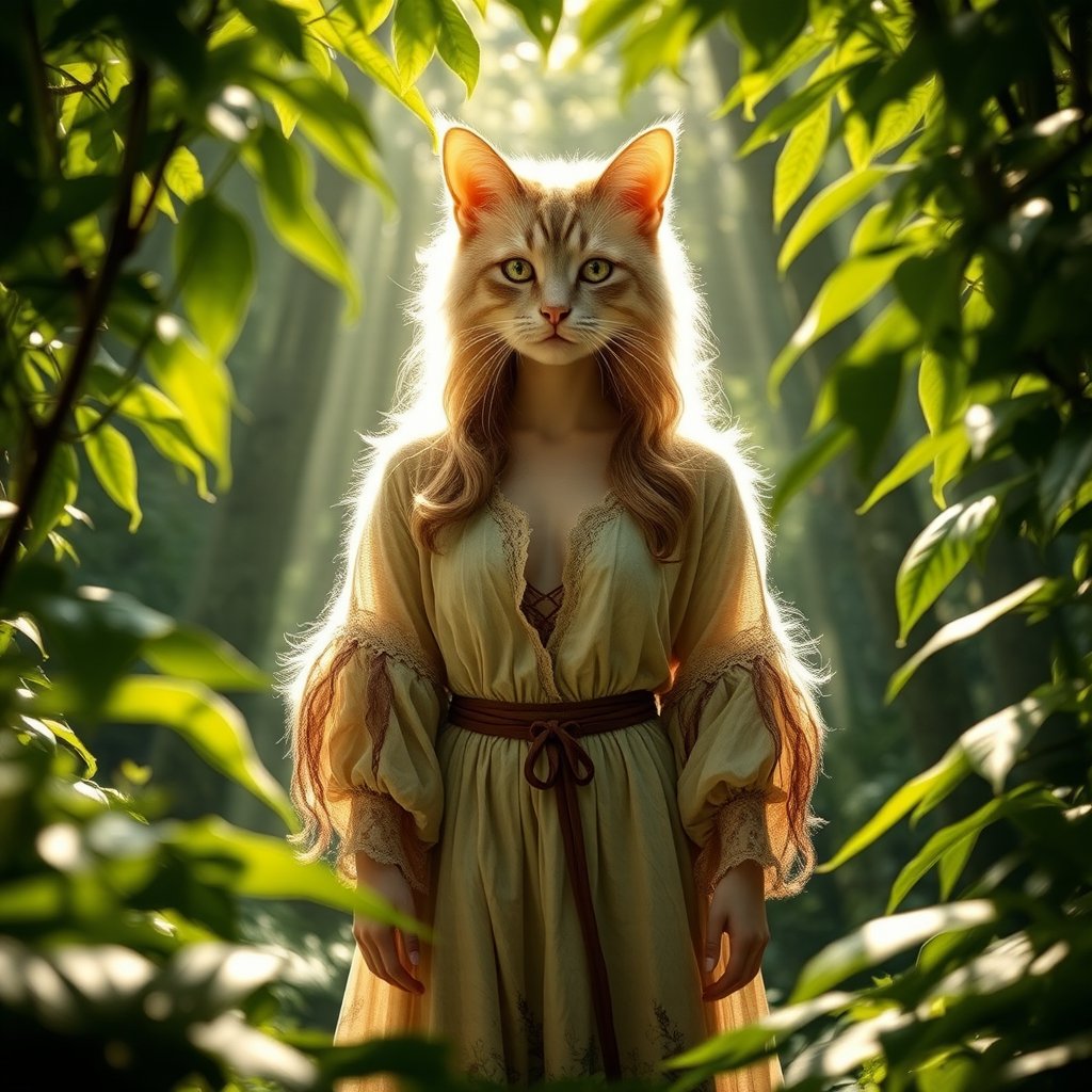 A lifelike catgirl hybrid stands amidst the serene forest's depths, her radiant aura drawing attention to her alluring presence. Framed by a canopy of lush greenery, she wears a flowing nature-inspired tunic that complements her fluffy fur, with subtle feline claws adorning her hands. Her eyes aglow with whimsy and mischief, she seems to be savoring the tranquility of her surroundings.