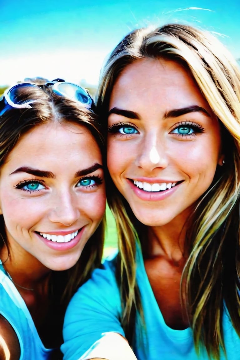 'a couple of women standing next to each other, sexy girl with green eyes, in love selfie, sky blue eyes, high school, tongue, palm springs, long eyelashes, isabella, lacrosse player, loving embrace, f/15, her friend, aniston, highlights, friendly, with a white, mutud colors, black circle, kids, front page