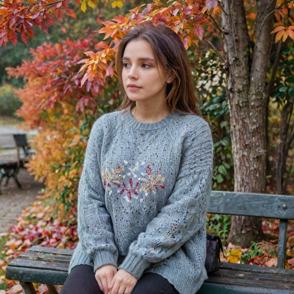 Beautiful woman, contemplative and reflective, sitting on a bench, cozy sweater, autumn park with colorful leaves, soft overcast light, muted color photography style, 4K quality.