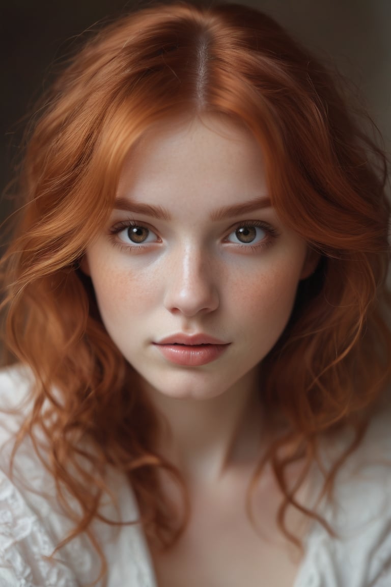 Ethereal light caresses the delicate features of a young redhead, her fiery locks radiating a warm aura in this close-up portrait. The soft, fuzzy glow envelops her porcelain skin, accentuating her big brown eyes and rosy cheeks. Framed by a subtle focus gradient, the girl's front-facing pose exudes innocence and vulnerability, as if frozen in a moment of quiet contemplation.